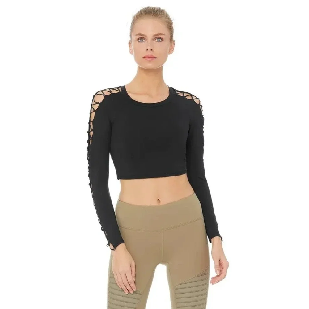 Alo Yoga Entwine Long Sleeve Crop Top Black Lace Up Sleeve Medium